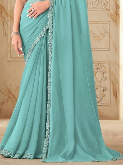 Turquoise Pure Georgette Burberry Silk With Floral Sequins Saree 