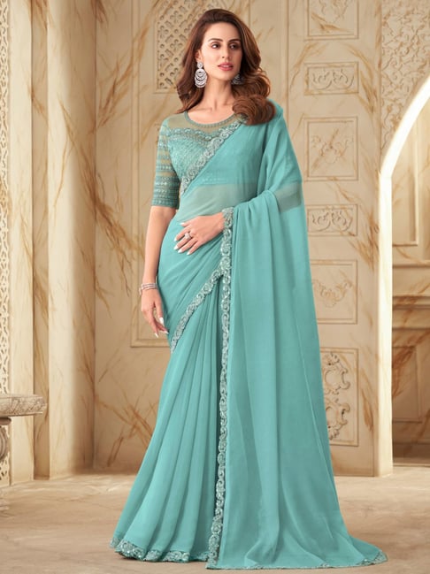 Turquoise Pure Georgette Burberry Silk With Floral Sequins Saree 