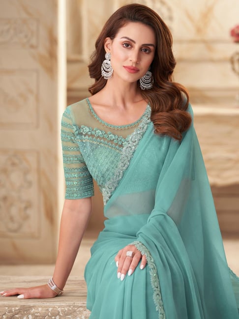 Turquoise Pure Georgette Burberry Silk With Floral Sequins Saree 