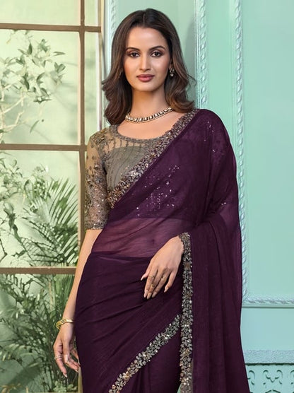 Purple Pure Georgette Burberry Silk With Floral Sequins Saree 