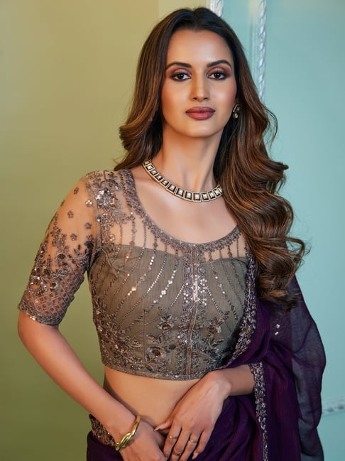 Purple Pure Georgette Burberry Silk With Floral Sequins Saree ##color## Georgette Saree with premium fabric and embroidery