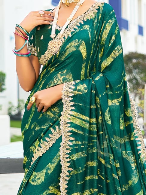 Green Pure Velvet Chiffon With Embroidery Work Chiffon Saree 