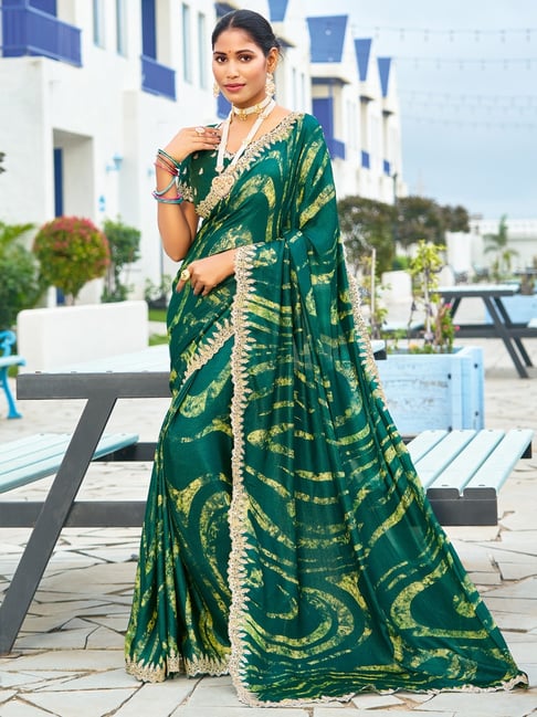 Green Pure Velvet Chiffon With Embroidery Work Chiffon Saree 