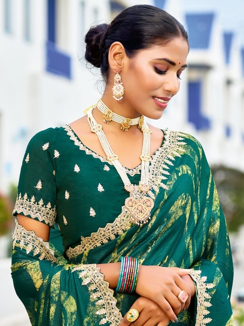 Green Pure Velvet Chiffon With Embroidery Work Chiffon Saree 