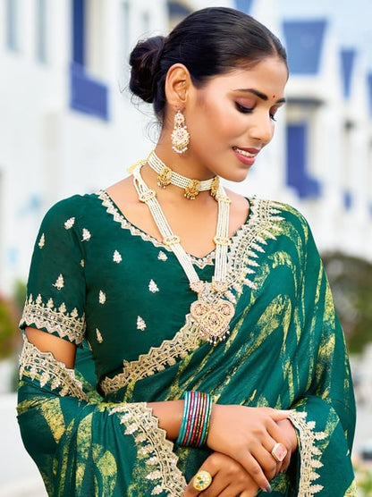 Green Pure Velvet Chiffon With Embroidery Work Chiffon Saree 