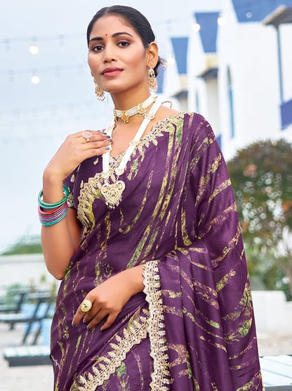 Purple Pure Velvet Chiffon With Embroidery Work Chiffon Saree 