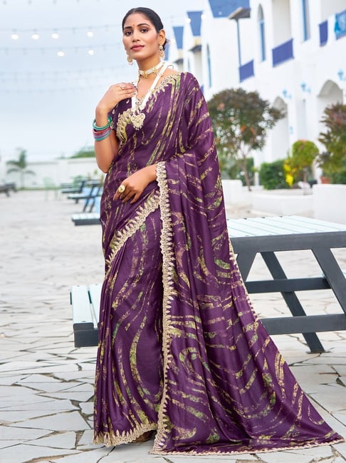 Purple Pure Velvet Chiffon With Embroidery Work Chiffon Saree 