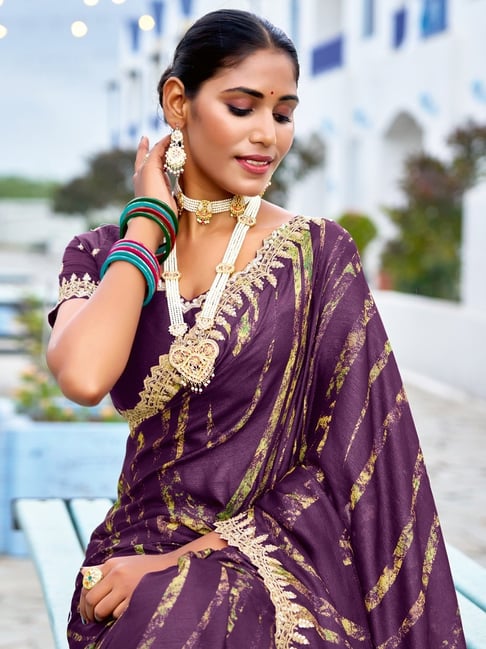 Purple Pure Velvet Chiffon With Embroidery Work Chiffon Saree 