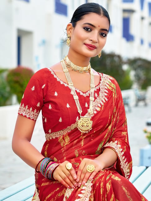 Red Pure Velvet Chiffon With Embroidery Work Chiffon Saree 
