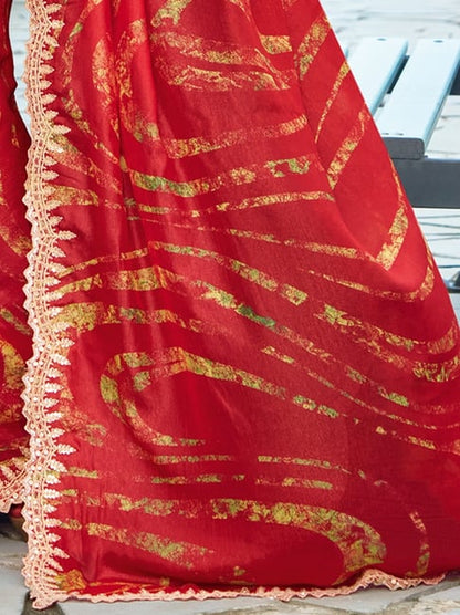 Red Pure Velvet Chiffon With Embroidery Work Chiffon Saree 