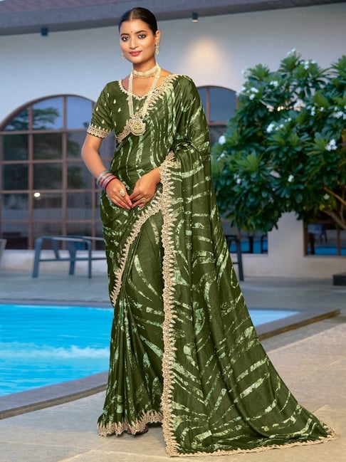 Green Pure Velvet Chiffon With Embroidery Work Chiffon Saree 