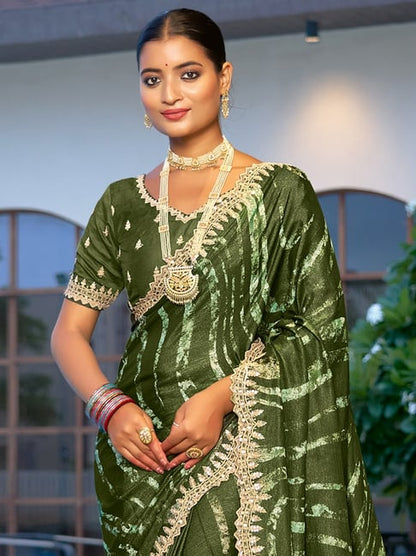 Green Pure Velvet Chiffon With Embroidery Work Chiffon Saree 
