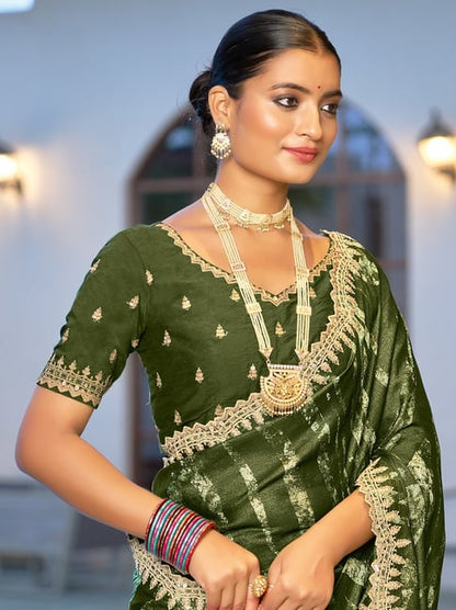 Green Pure Velvet Chiffon With Embroidery Work Chiffon Saree 