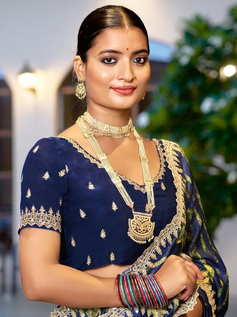 Navy Blue Pure Velvet Chiffon With Embroidery Work Chiffon Saree 