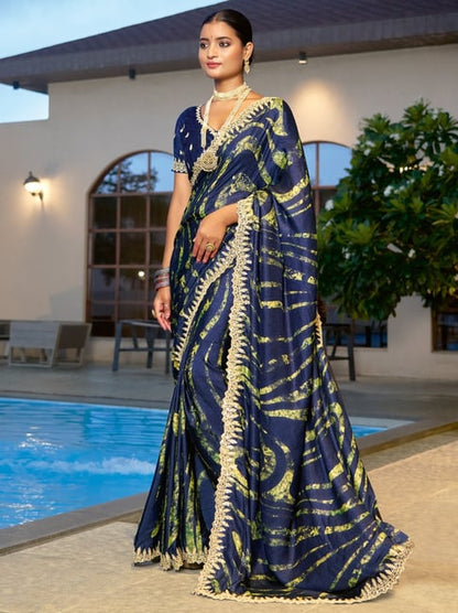 Navy Blue Pure Velvet Chiffon With Embroidery Work Chiffon Saree 