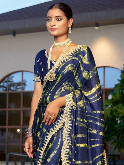 Navy Blue Pure Velvet Chiffon With Embroidery Work Chiffon Saree 