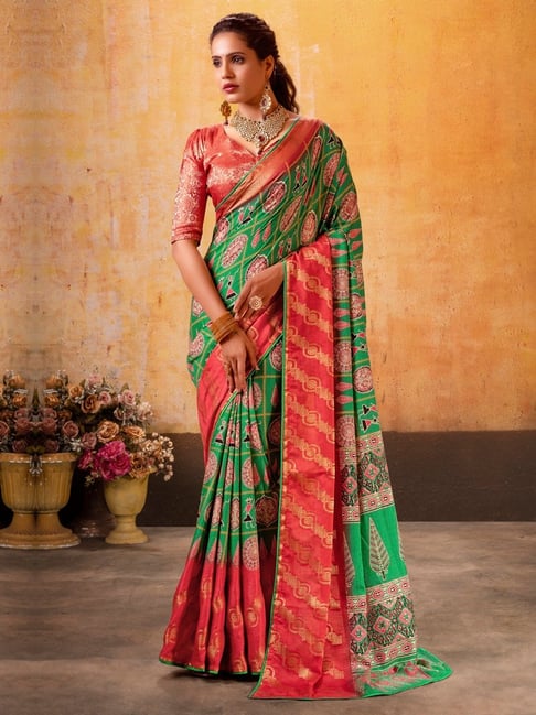 Green Pure Maslin Jeqard Silk Patan Patola Silk Saree 