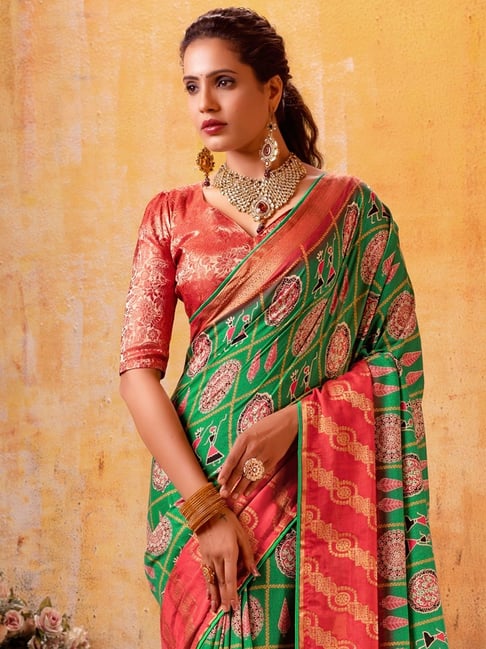 Green Pure Maslin Jeqard Silk Patan Patola Silk Saree 