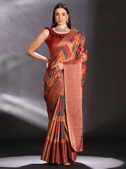 Orange Pure Handi Silk Handloom Saree Row Silk Saree Anant Tex Exports Pvt.Ltd..