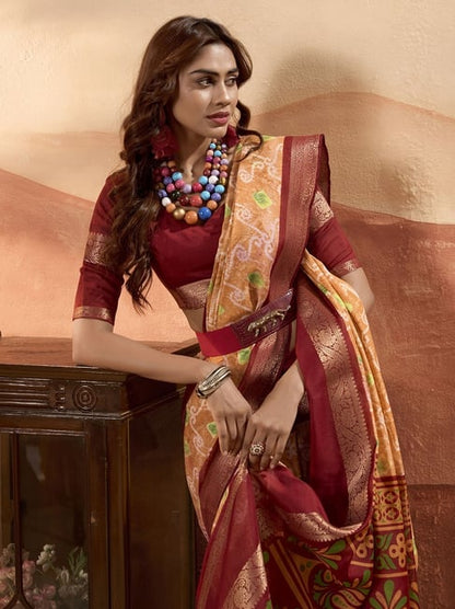 Mustard Pure Soft Cotton Blend Printed Saree 