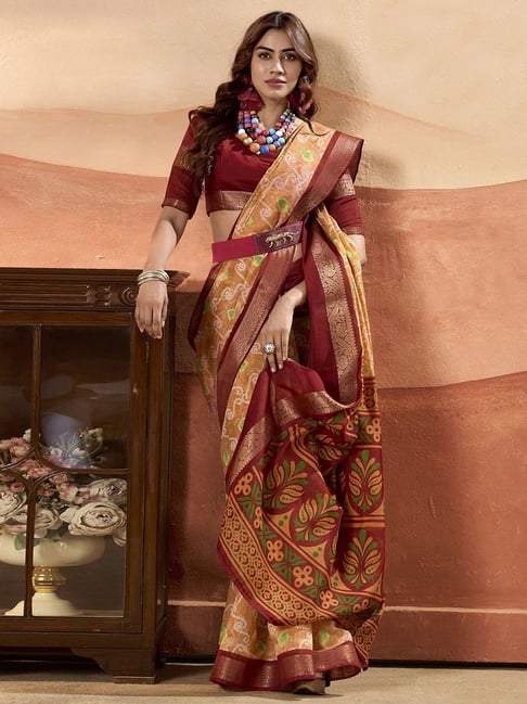 Mustard Pure Soft Cotton Blend Printed Saree 