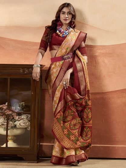 Mustard Pure Soft Cotton Blend Printed Saree 