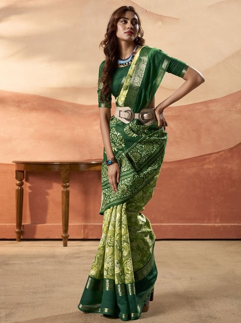 Green Pure Soft Cotton Blend Printed Saree 