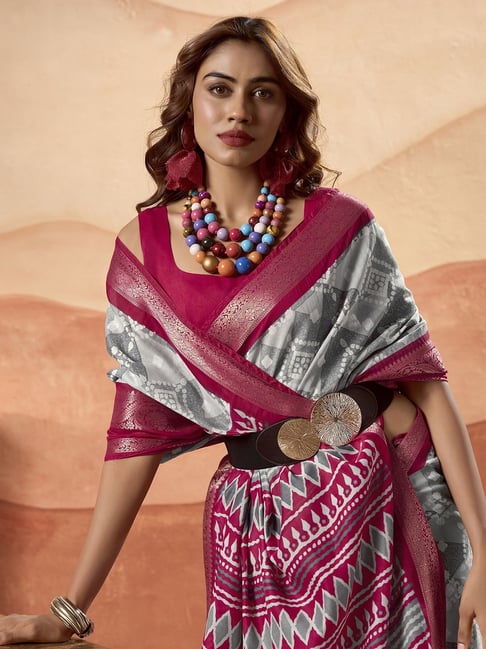 Grey Pure Soft Cotton Blend Printed Saree 