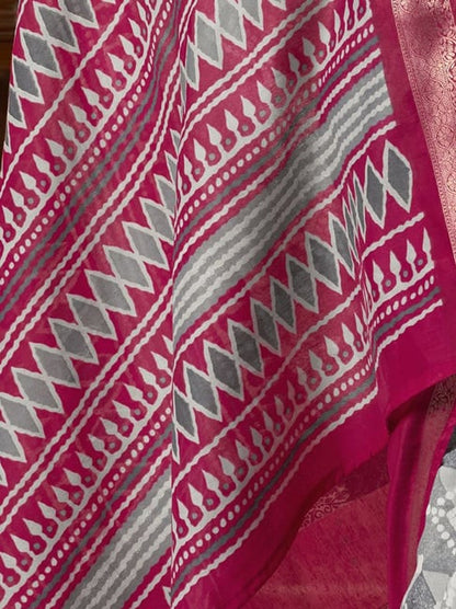 Grey Pure Soft Cotton Blend Printed Saree 