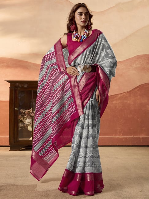 Grey Pure Soft Cotton Blend Printed Saree 