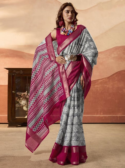 Grey Pure Soft Cotton Blend Printed Saree 