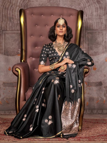 Black Pure Satin Handloom Weaving Saree 