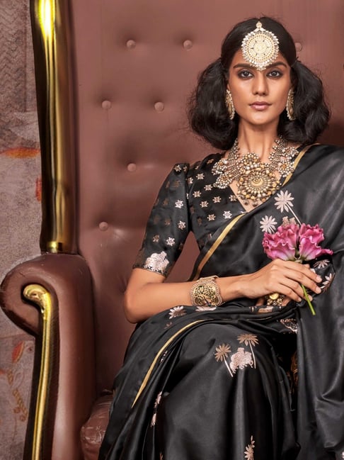 Black Pure Satin Handloom Weaving Saree 