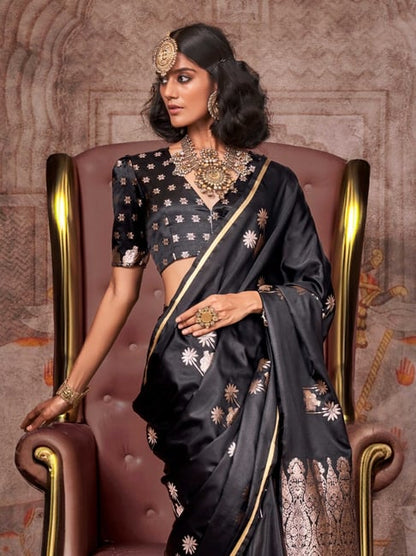 Black Pure Satin Handloom Weaving Saree 