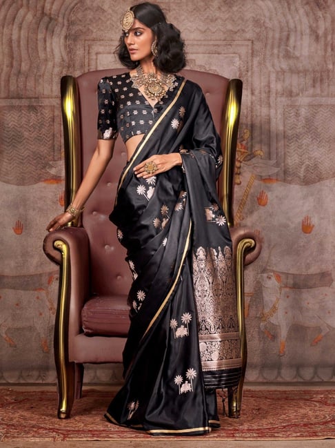 Black Pure Satin Handloom Weaving Saree 