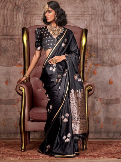 Black Pure Satin Handloom Weaving Saree 