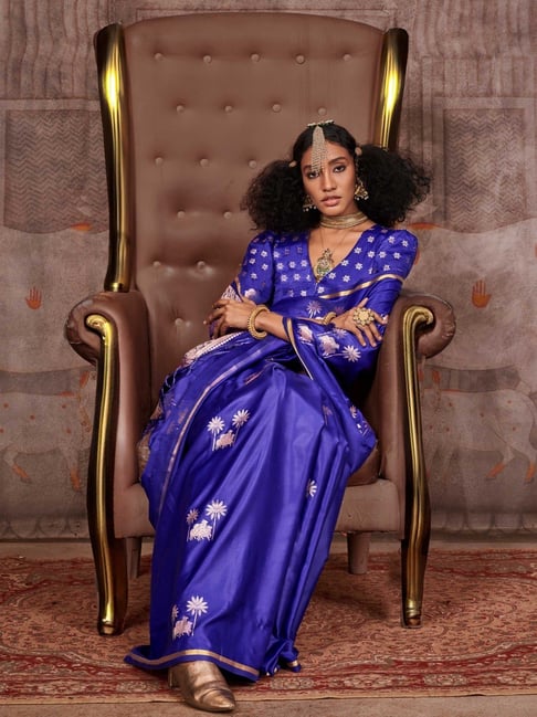 Blue Pure Satin Handloom Weaving Saree 