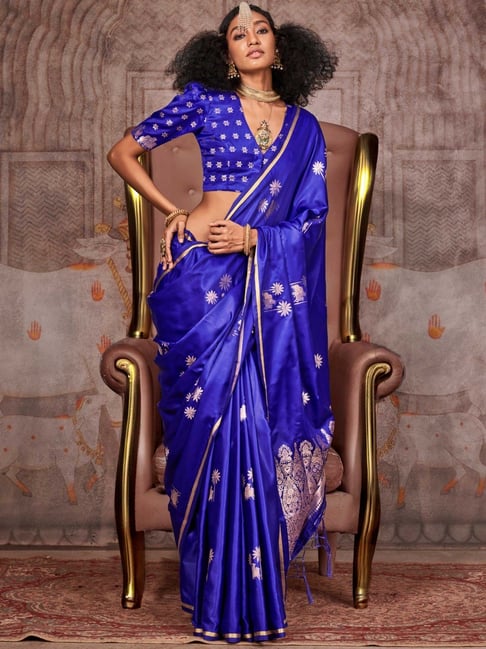 Blue Pure Satin Handloom Weaving Saree 
