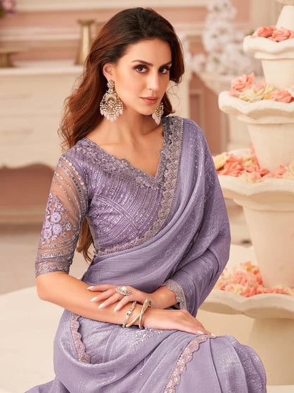Lavender Pure Georgette Burberry Silk With Floral Sequins Saree 