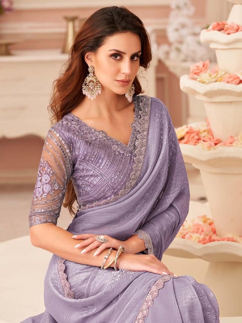 Lavender Pure Georgette Burberry Silk With Floral Sequins Saree ##color## Georgette Saree with premium fabric and embroidery