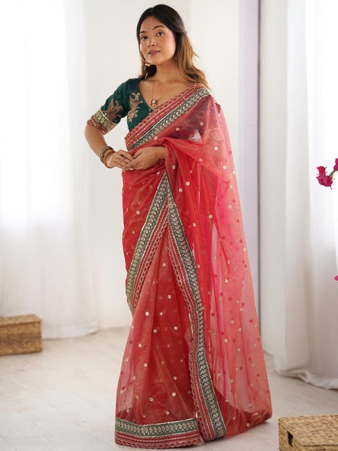 Red Pure Soft Crush Banarasi Silk Saree ##color## Ready to Wear Saree with premium fabric and embroidery