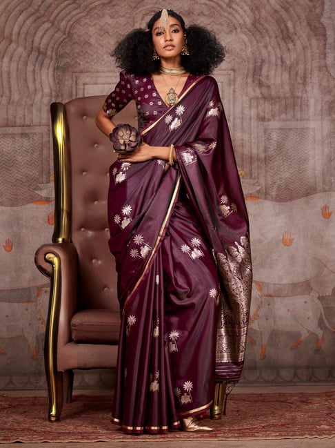 Burgundy Pure Satin Handloom Weaving Saree 