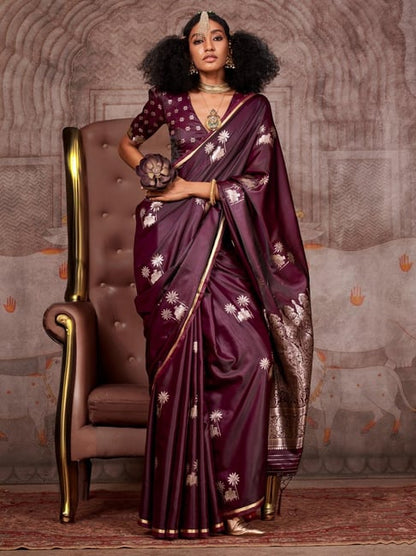 Burgundy Pure Satin Handloom Weaving Saree 
