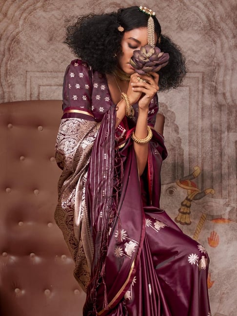 Burgundy Pure Satin Handloom Weaving Saree 