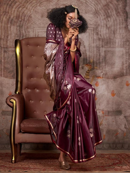 Burgundy Pure Satin Handloom Weaving Saree 