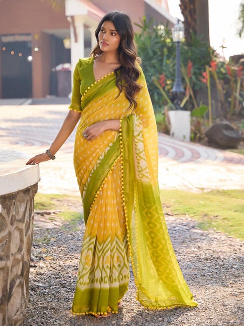 Yellow Pure Soft Mul Mul Cotton Pum Pum Cotton Saree