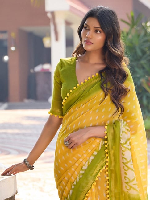 Yellow Pure Soft Mul Mul Cotton Pum Pum Cotton Saree