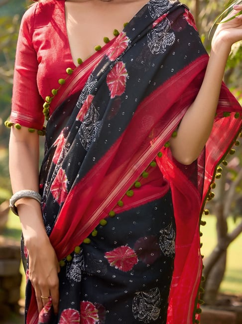 Black Pure Soft Mul Mul Cotton Pum Pum Cotton Saree