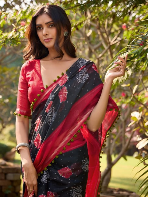 Black Pure Soft Mul Mul Cotton Pum Pum Cotton Saree