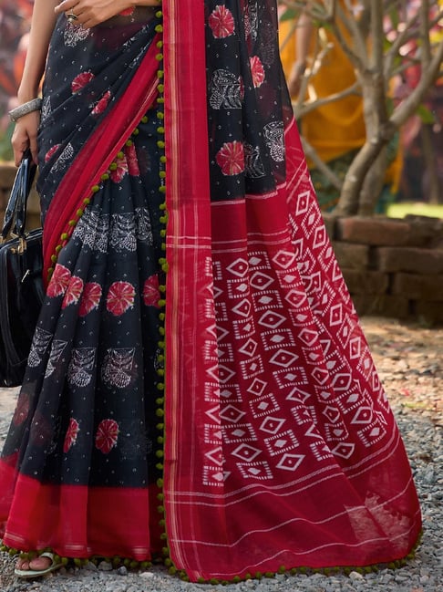 Black Pure Soft Mul Mul Cotton Pum Pum Cotton Saree